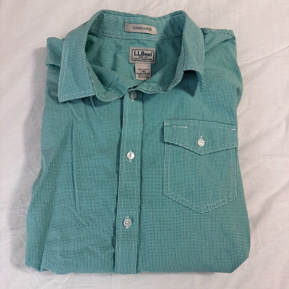 Mens Large LL Bean Green White Houndstooth 100% Cotton Long Sleeve Button Up EUC